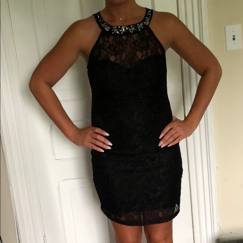 Black lace mini dress with halter neck